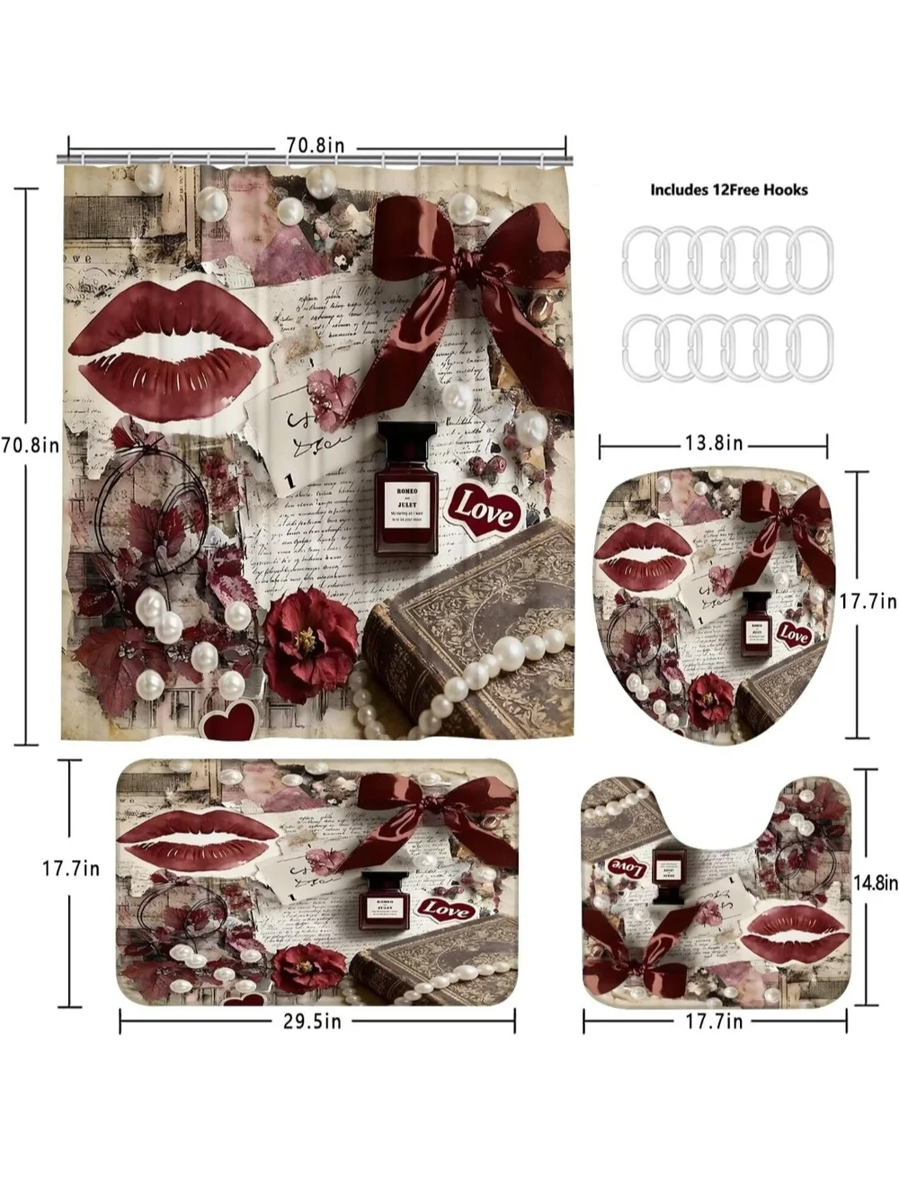 Vintage Romance Red Bath Set with Shower Curtain and Rugs